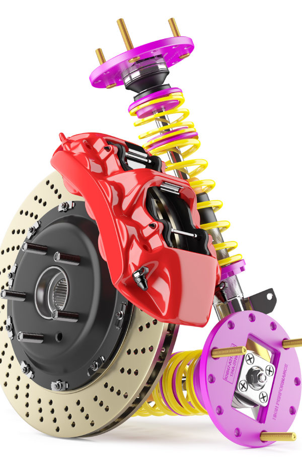 Group of auto parts. Automobile braking system. Aeration steel brake disk with perforation and red six pistons calipers and pads. Set of tuning suspension shock absorbers with yellow springs. Isolated on white background 3d.